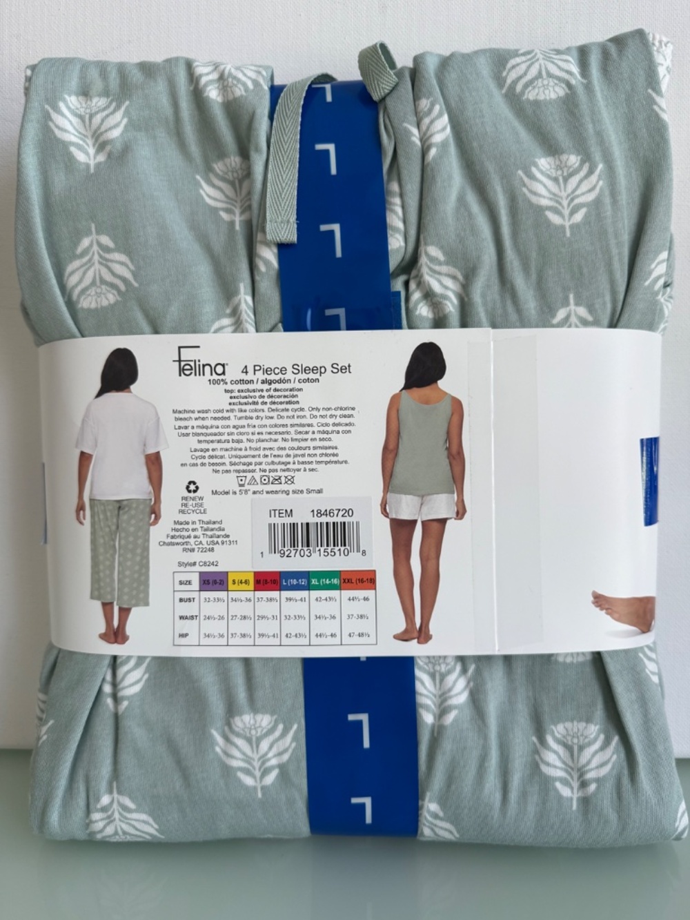 Felina 4 Piece Cotton Sleep Set Sage Green Ivory Pajama Set NWT Size L - Picture 4 of 5